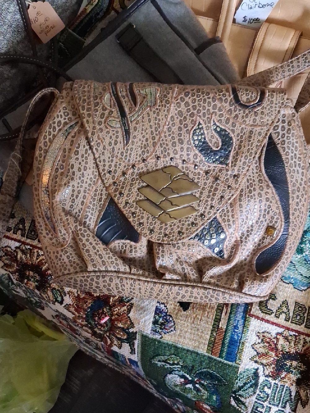 Tan Patterned Shoulder Bag with Black Accents